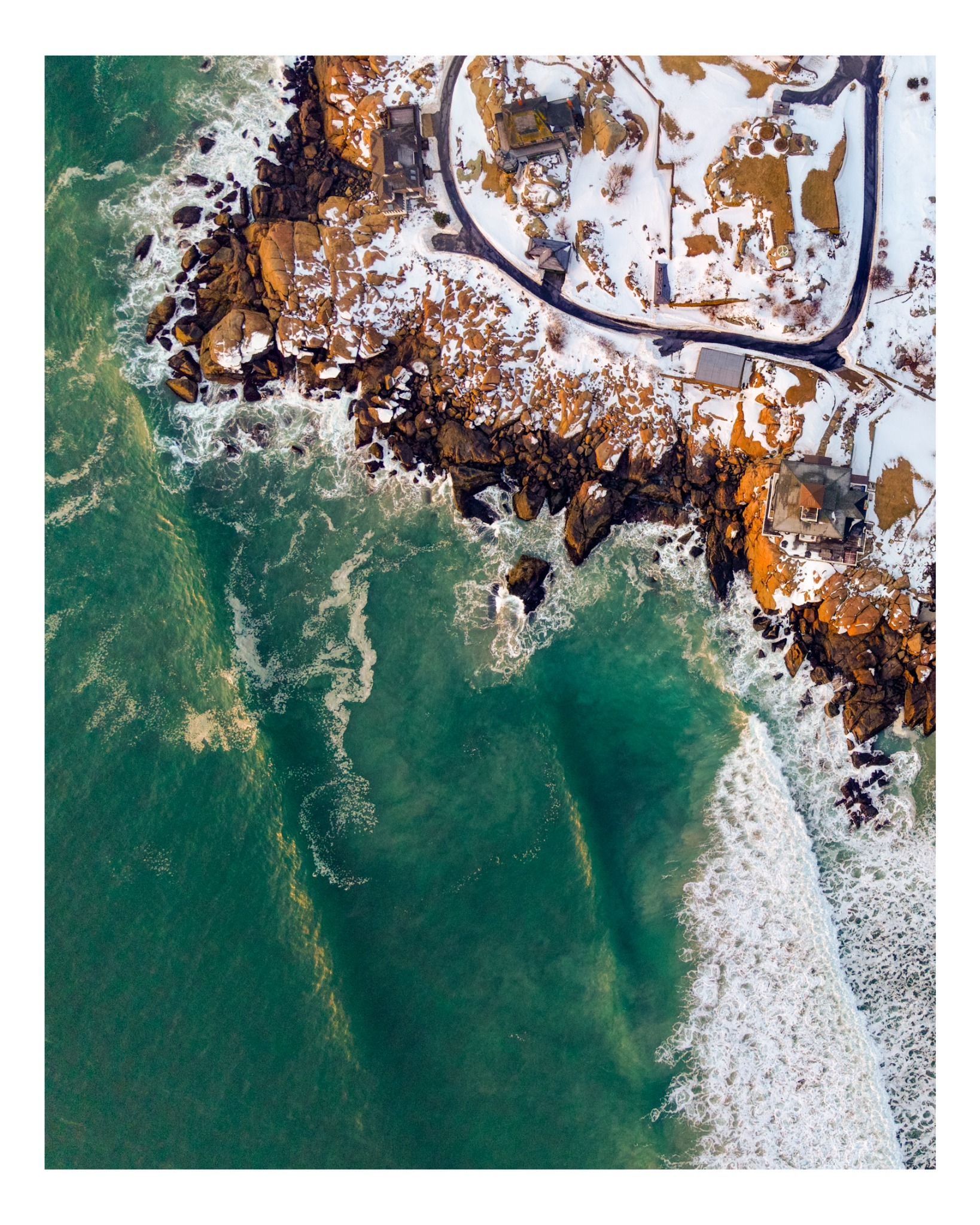 Aerial photography of the rocky New England coastline on the North Shore of Massachusetts