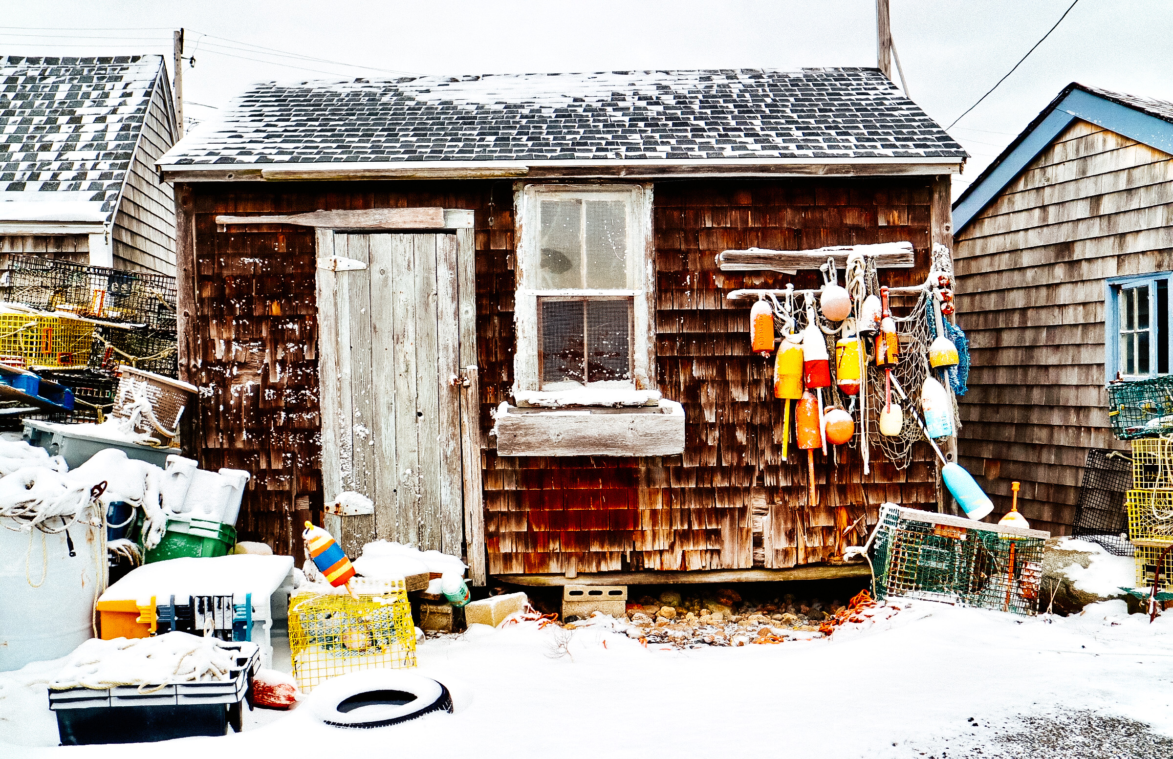 Lobster shack at Rockport harbor in winter, Cape Ann Massachusetts