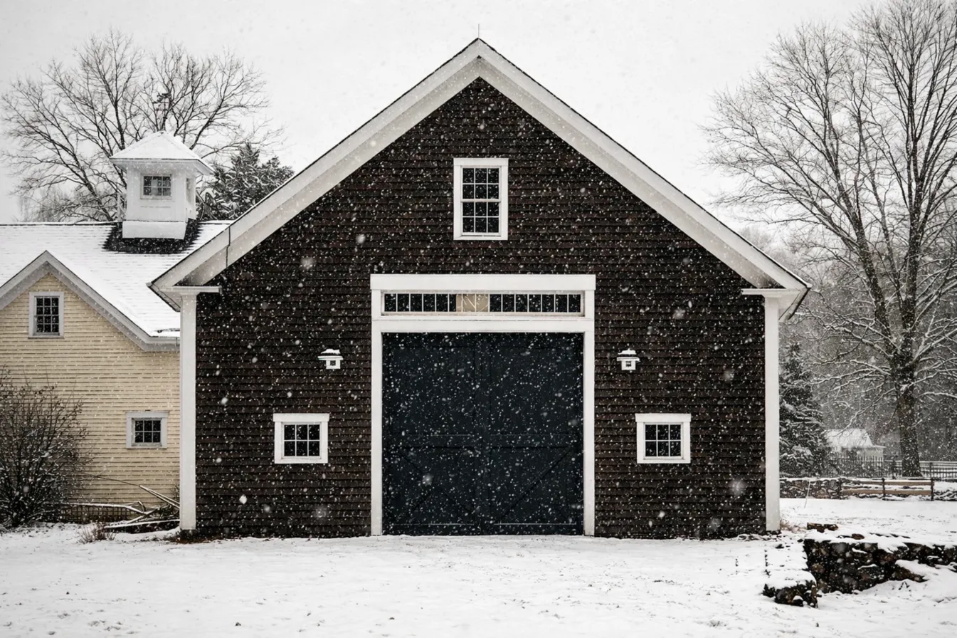 New England barn in heavy snowfall, North Shore Massachusetts