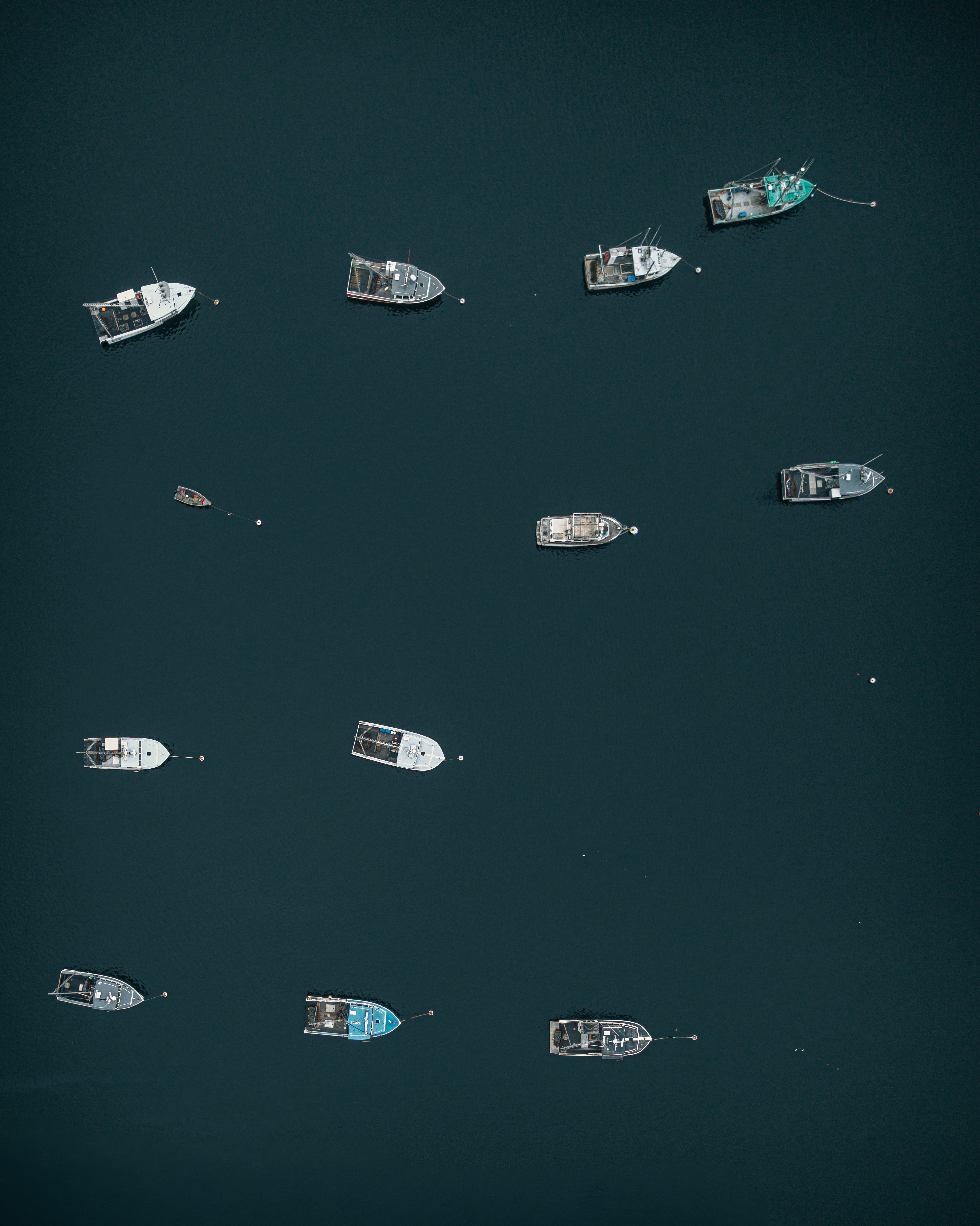 Aerial photograph of scallop boats scattered on moorings in Gloucester Harbor Massachusetts the night before the 2026 season opening